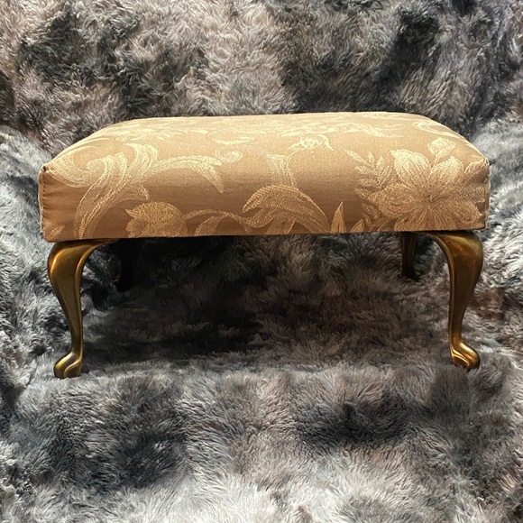 Upholstered Floral Accent foot stool in Tan with Gold/Copper colored Legs - Picture 2 of 16